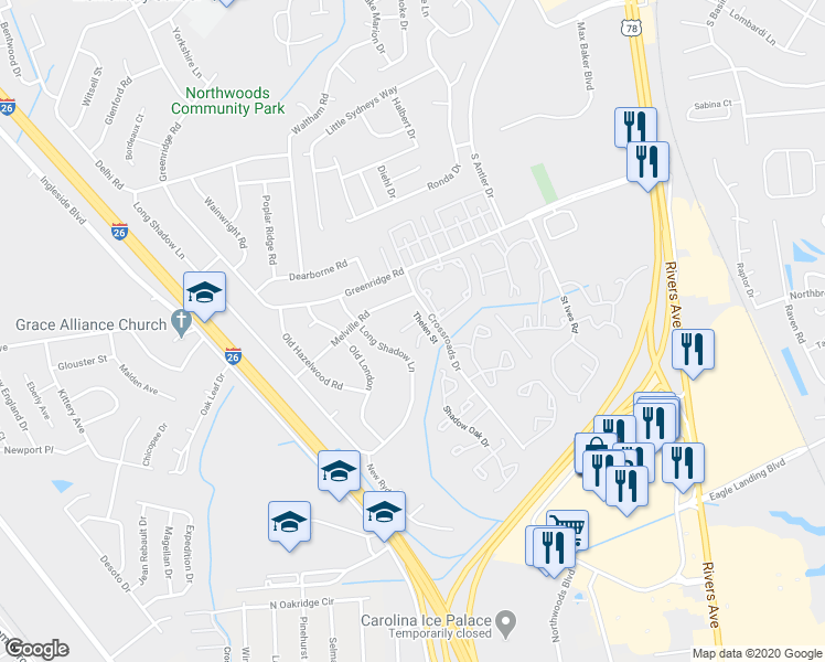 map of restaurants, bars, coffee shops, grocery stores, and more near 2435 Woodstock Avenue in Charleston