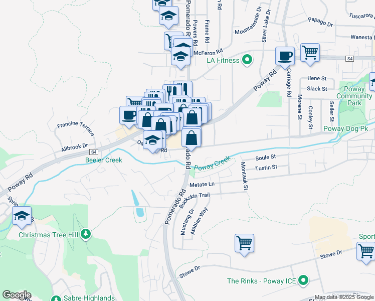 map of restaurants, bars, coffee shops, grocery stores, and more near 12906 Pomerado Road in Poway