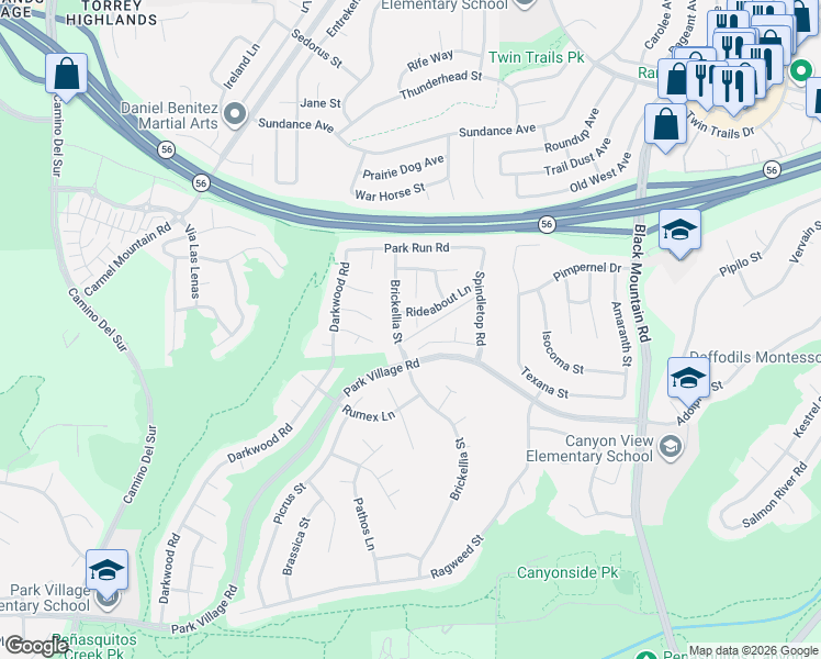 map of restaurants, bars, coffee shops, grocery stores, and more near 12603 Brickellia Street in San Diego