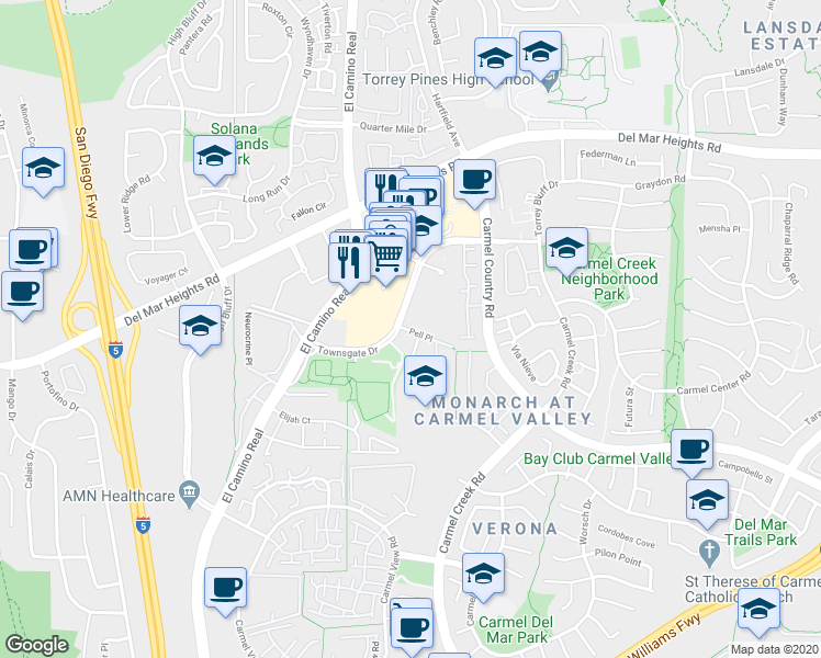 map of restaurants, bars, coffee shops, grocery stores, and more near 12853 El Camino Real in San Diego