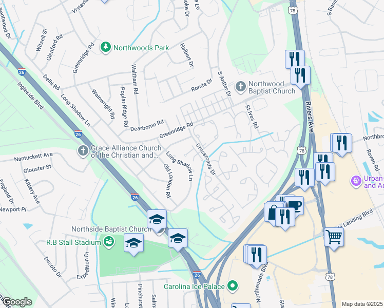 map of restaurants, bars, coffee shops, grocery stores, and more near 2420 Woodstock Avenue in North Charleston