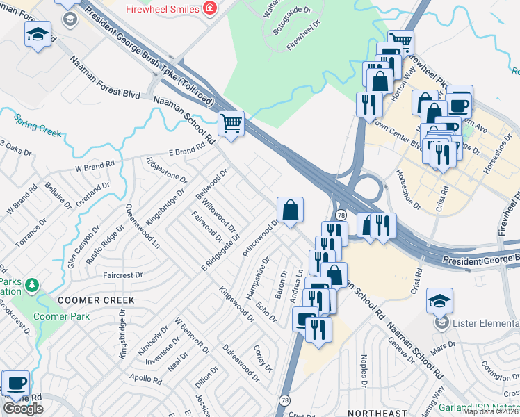 map of restaurants, bars, coffee shops, grocery stores, and more near 3601 Berrywood Circle in Garland