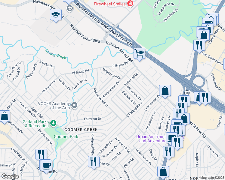 map of restaurants, bars, coffee shops, grocery stores, and more near 123 Kingsbridge Drive in Garland