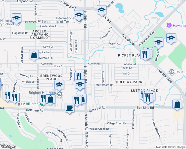 map of restaurants, bars, coffee shops, grocery stores, and more near 3630 North Shiloh Road in Garland