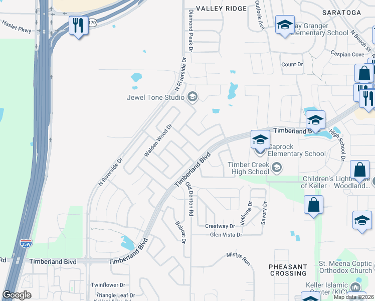 map of restaurants, bars, coffee shops, grocery stores, and more near 2909 Spotted Owl Drive in Fort Worth