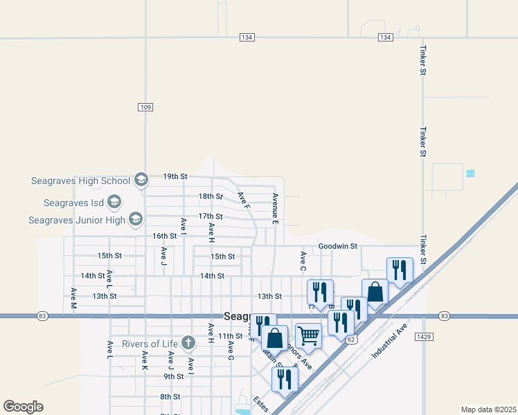 map of restaurants, bars, coffee shops, grocery stores, and more near 508-512 18th Street in Seagraves