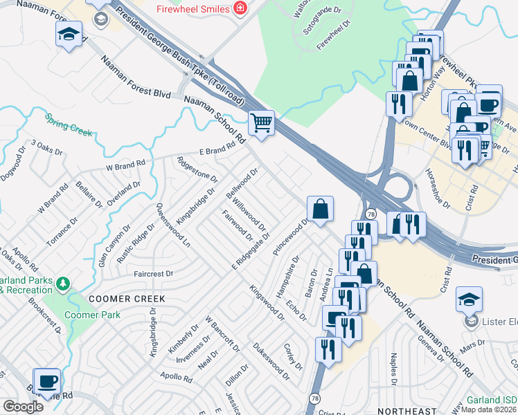 map of restaurants, bars, coffee shops, grocery stores, and more near 3629 Berrywood Circle in Garland