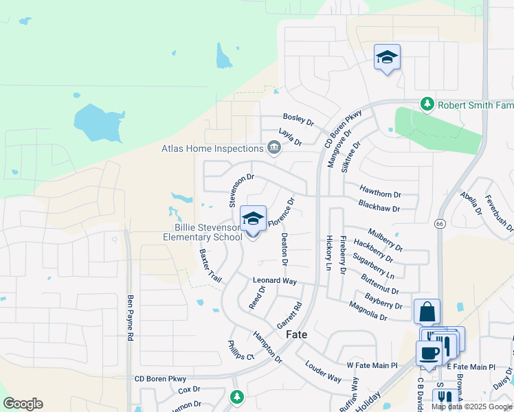 map of restaurants, bars, coffee shops, grocery stores, and more near 313 Nixon Drive in Rockwall