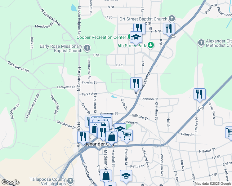 map of restaurants, bars, coffee shops, grocery stores, and more near 265 Parks Avenue in Alexander City