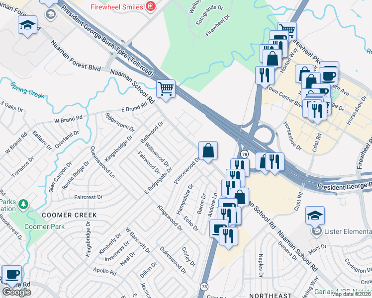 map of restaurants, bars, coffee shops, grocery stores, and more near 3601 Berrywood Circle in Garland