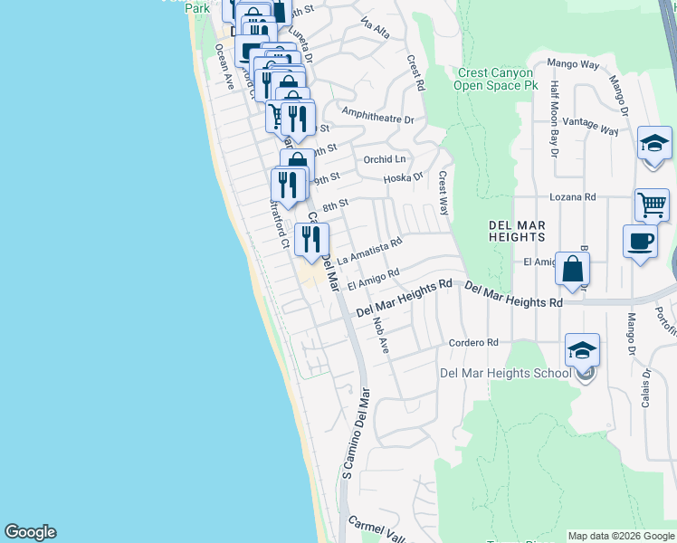 map of restaurants, bars, coffee shops, grocery stores, and more near 326 La Amatista Road in Del Mar