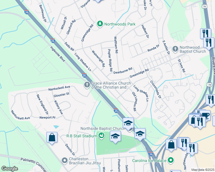 map of restaurants, bars, coffee shops, grocery stores, and more near 8074 Long Shadow Lane in North Charleston