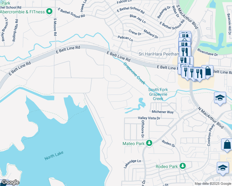 map of restaurants, bars, coffee shops, grocery stores, and more near 1360 Wood Duck Drive in Coppell