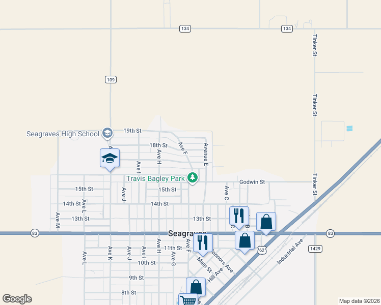 map of restaurants, bars, coffee shops, grocery stores, and more near 508-512 18th Street in Seagraves