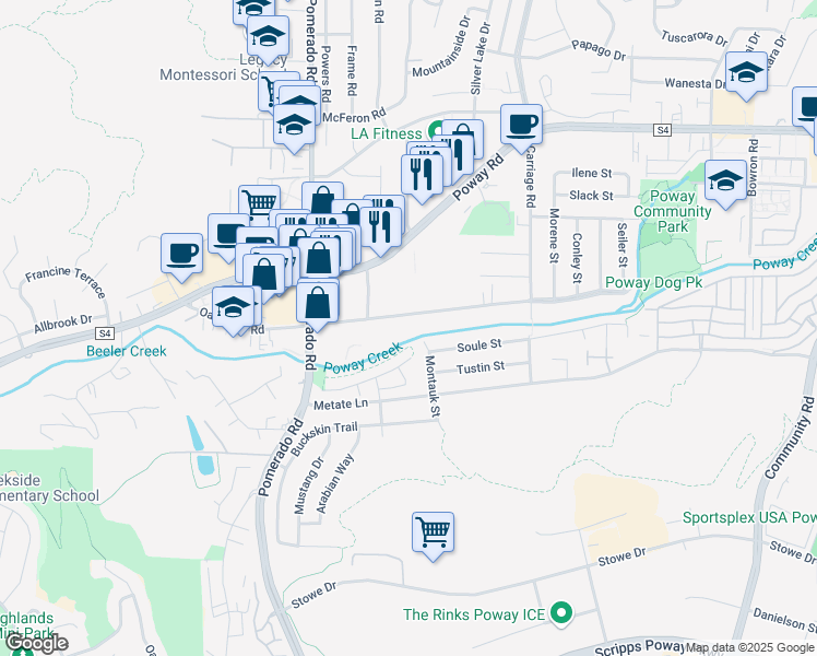 map of restaurants, bars, coffee shops, grocery stores, and more near 12580 Oak Knoll Road in Poway