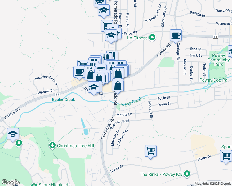map of restaurants, bars, coffee shops, grocery stores, and more near 12906 Pomerado Road in Poway
