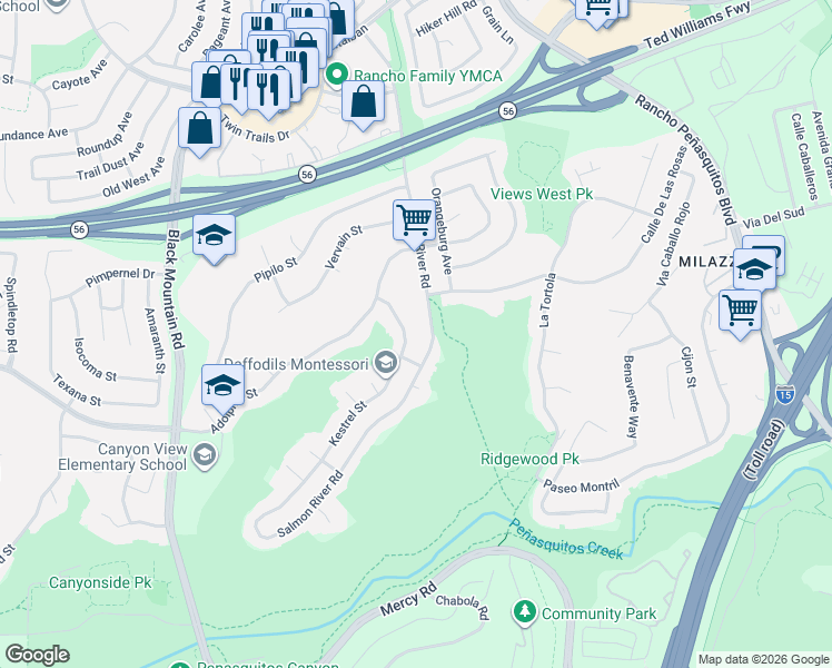 map of restaurants, bars, coffee shops, grocery stores, and more near 12768 Salmon River Road in San Diego