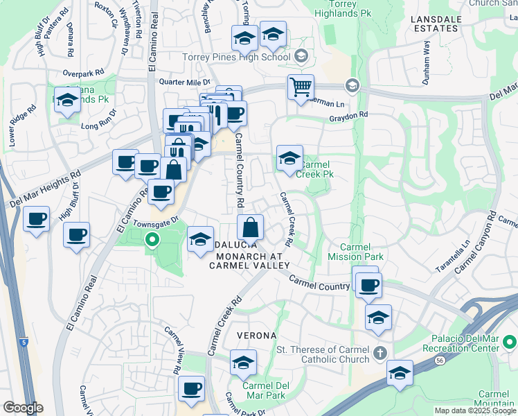 map of restaurants, bars, coffee shops, grocery stores, and more near 4128 Via Candidiz in San Diego