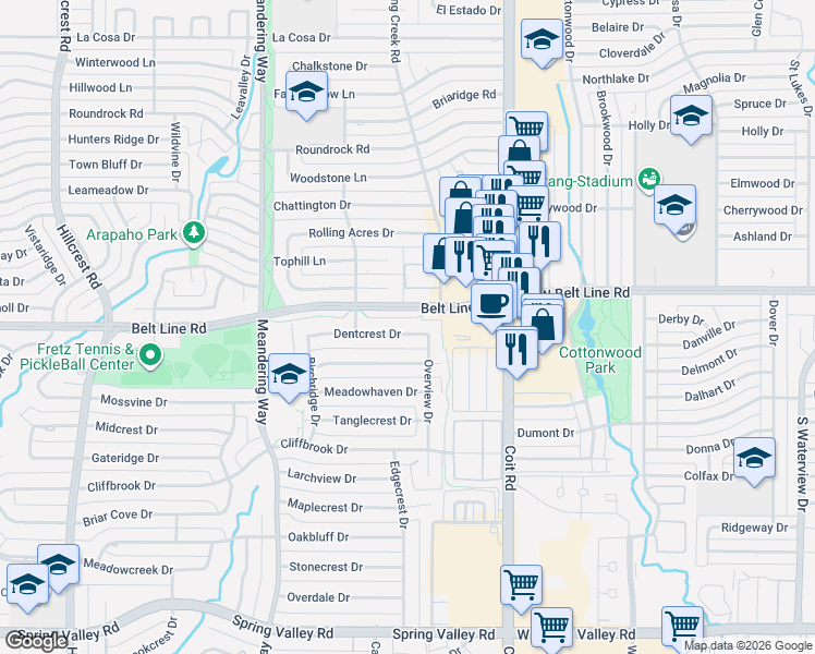 map of restaurants, bars, coffee shops, grocery stores, and more near 7747 Dentcrest Drive in Dallas