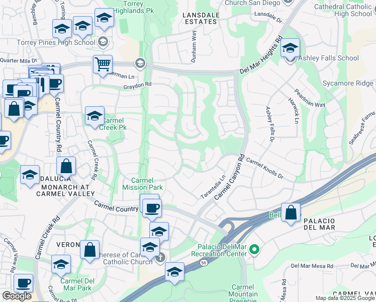 map of restaurants, bars, coffee shops, grocery stores, and more near 4515 Ocean Valley Lane in San Diego