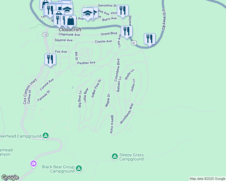 map of restaurants, bars, coffee shops, grocery stores, and more near Rodeo Alley in Cloudcroft