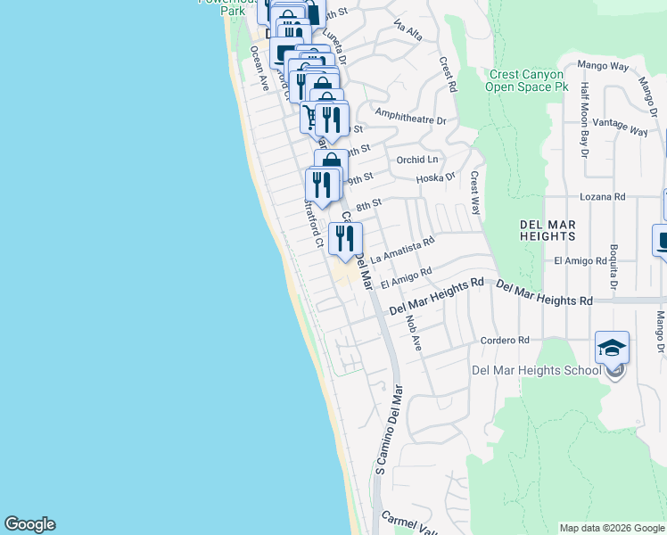 map of restaurants, bars, coffee shops, grocery stores, and more near 624 Camino Del Mar in Del Mar