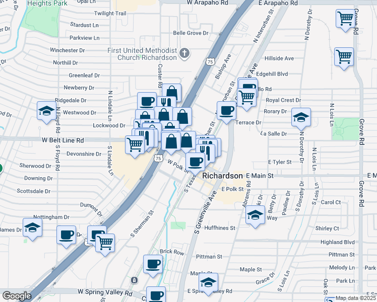 map of restaurants, bars, coffee shops, grocery stores, and more near 300 West Main Street in Richardson