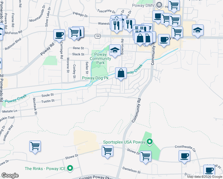 map of restaurants, bars, coffee shops, grocery stores, and more near 13111 Bonita Vista Street in Poway
