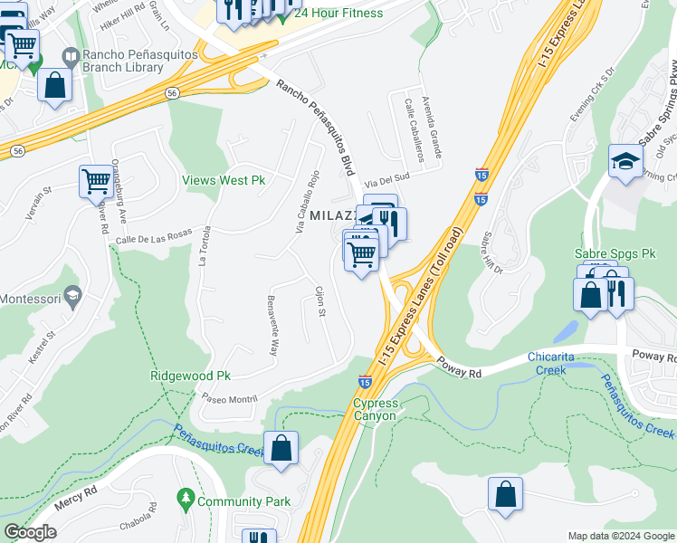 map of restaurants, bars, coffee shops, grocery stores, and more near 10025 Paseo Montril in San Diego