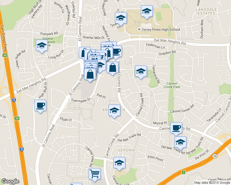 map of restaurants, bars, coffee shops, grocery stores, and more near 12602 Carmel Country Road in San Diego