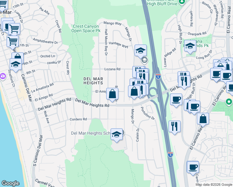 map of restaurants, bars, coffee shops, grocery stores, and more near 13883 Boquita Drive in Del Mar