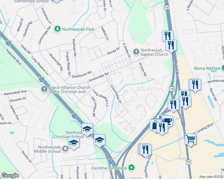 map of restaurants, bars, coffee shops, grocery stores, and more near 2420 Woodstock Avenue in North Charleston