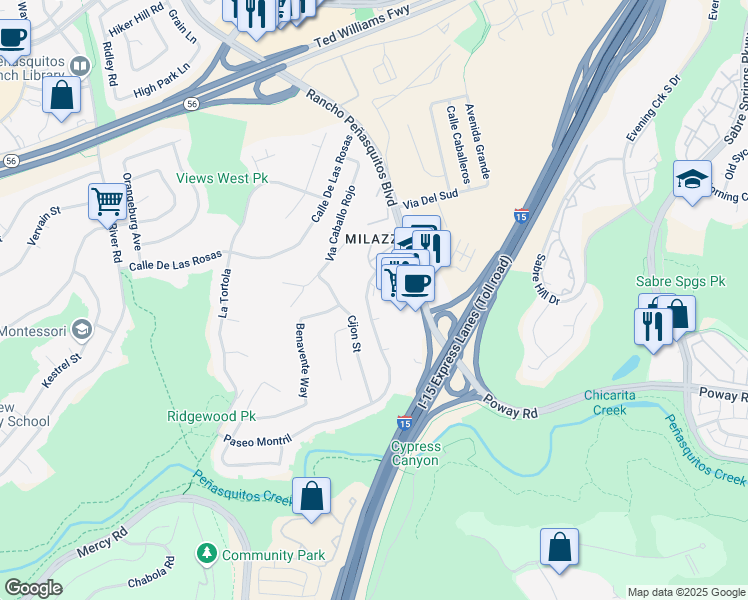 map of restaurants, bars, coffee shops, grocery stores, and more near 10025 Paseo Montril in San Diego