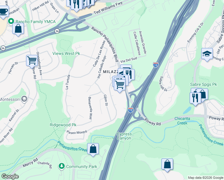 map of restaurants, bars, coffee shops, grocery stores, and more near 10025 Paseo Montril in San Diego