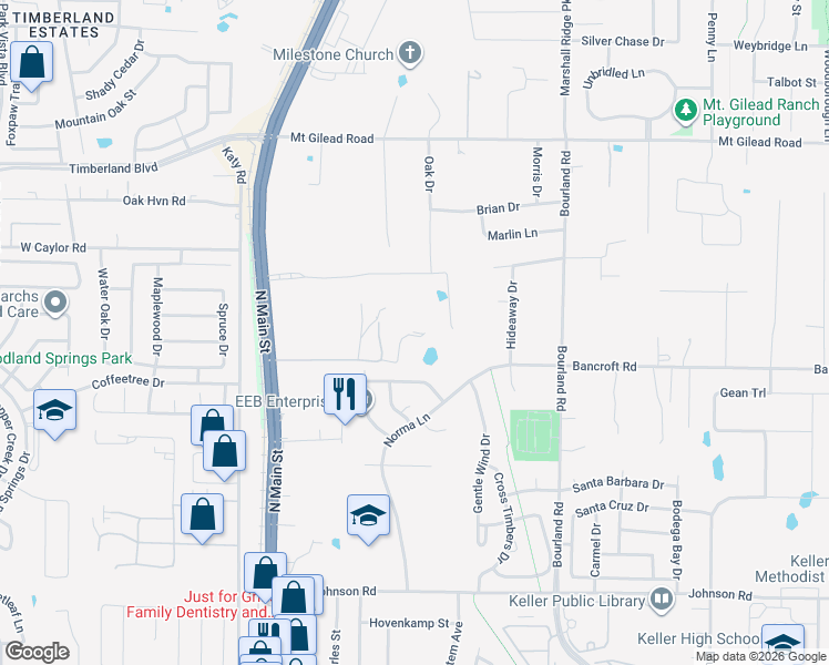 map of restaurants, bars, coffee shops, grocery stores, and more near N Main St in Keller