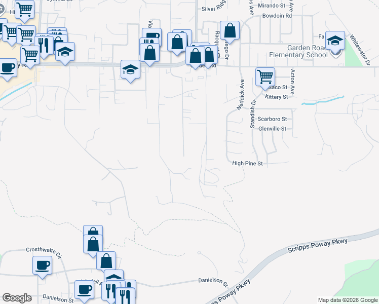 map of restaurants, bars, coffee shops, grocery stores, and more near 12845 Golden Way in Poway