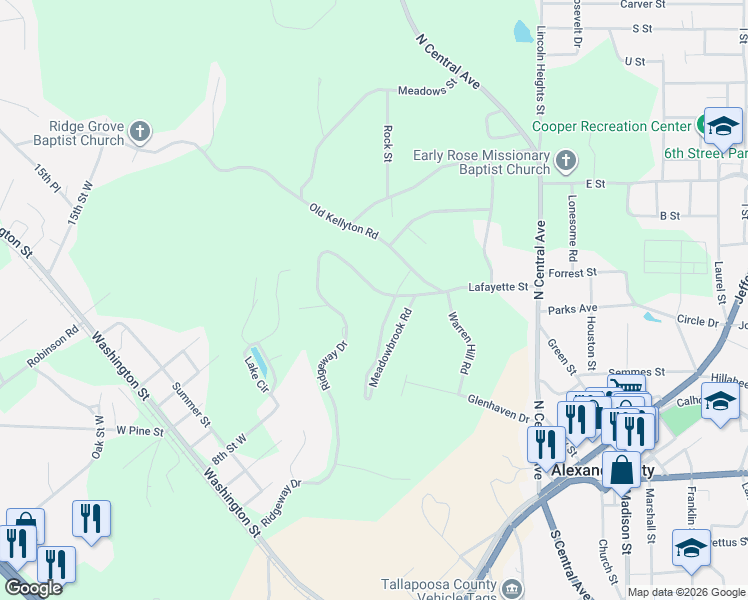 map of restaurants, bars, coffee shops, grocery stores, and more near 1150 Ridgeway Drive in Alexander City
