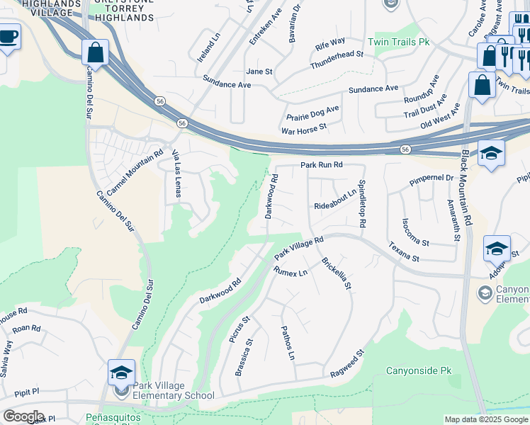 map of restaurants, bars, coffee shops, grocery stores, and more near 12558 Darkwood Road in San Diego