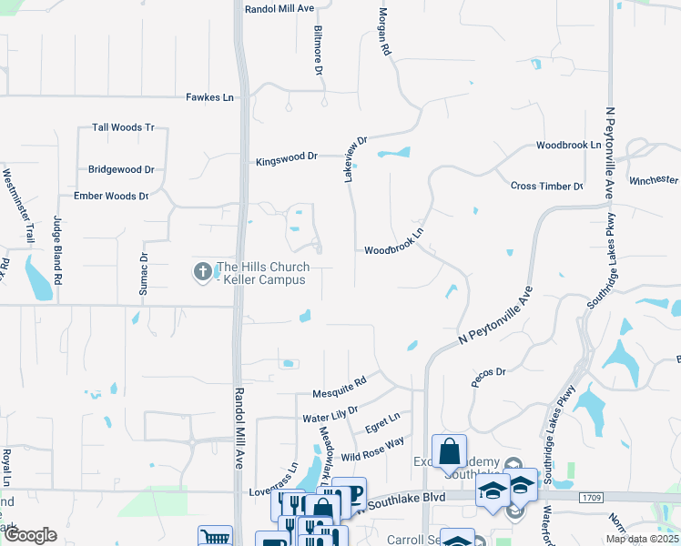 map of restaurants, bars, coffee shops, grocery stores, and more near 1382 Lakeview Drive in Southlake