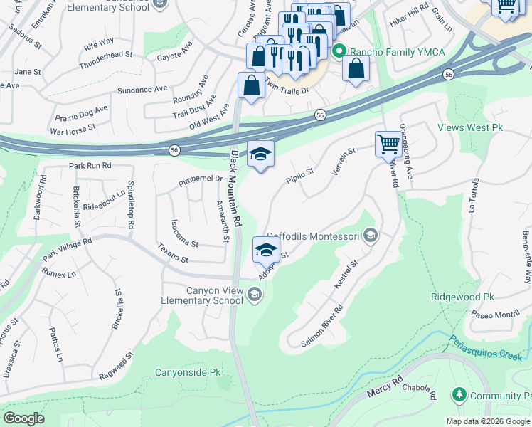 map of restaurants, bars, coffee shops, grocery stores, and more near 9288 Pipilo Street in San Diego