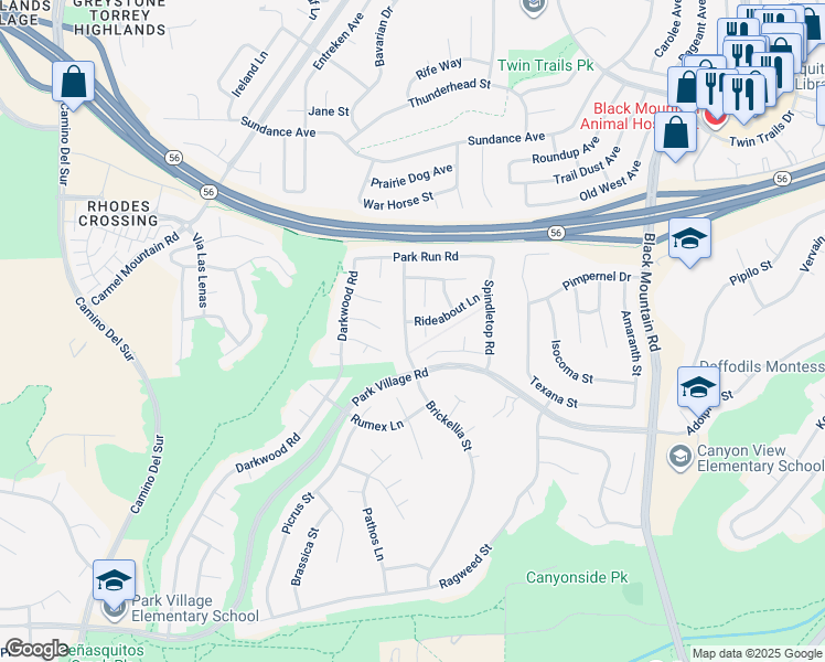 map of restaurants, bars, coffee shops, grocery stores, and more near 12573 Brickellia Street in San Diego