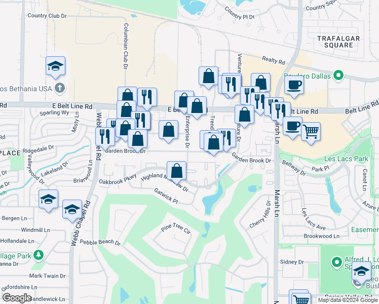 map of restaurants, bars, coffee shops, grocery stores, and more near 14800 Enterprise Drive in Farmers Branch