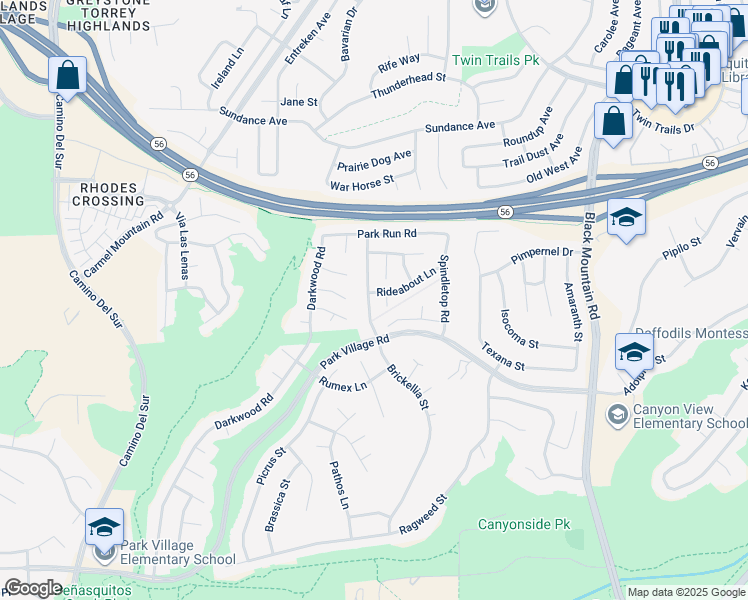 map of restaurants, bars, coffee shops, grocery stores, and more near 12573 Brickellia Street in San Diego