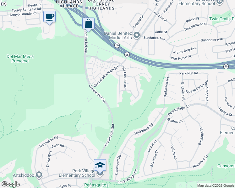 map of restaurants, bars, coffee shops, grocery stores, and more near 12588 Senda Panacea in San Diego