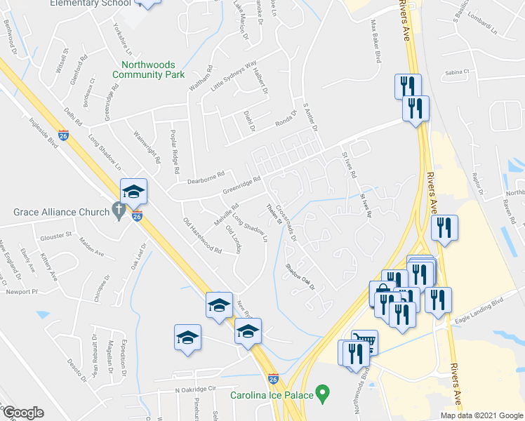 map of restaurants, bars, coffee shops, grocery stores, and more near 2420 Woodstock Avenue in North Charleston