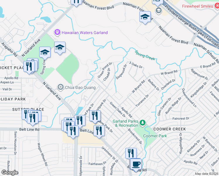 map of restaurants, bars, coffee shops, grocery stores, and more near 3701 Goose Creek Parkway in Garland