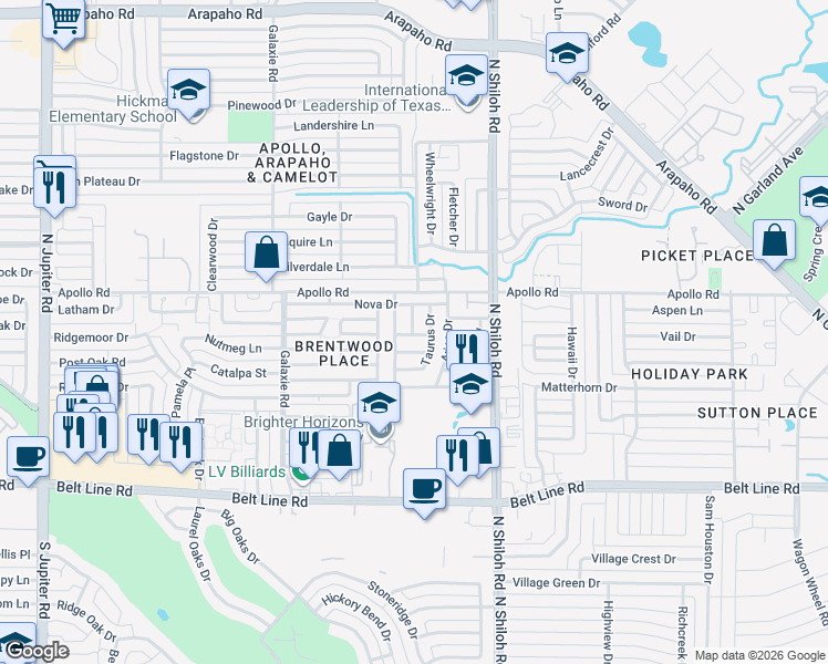 map of restaurants, bars, coffee shops, grocery stores, and more near 3706 Altair Drive in Garland