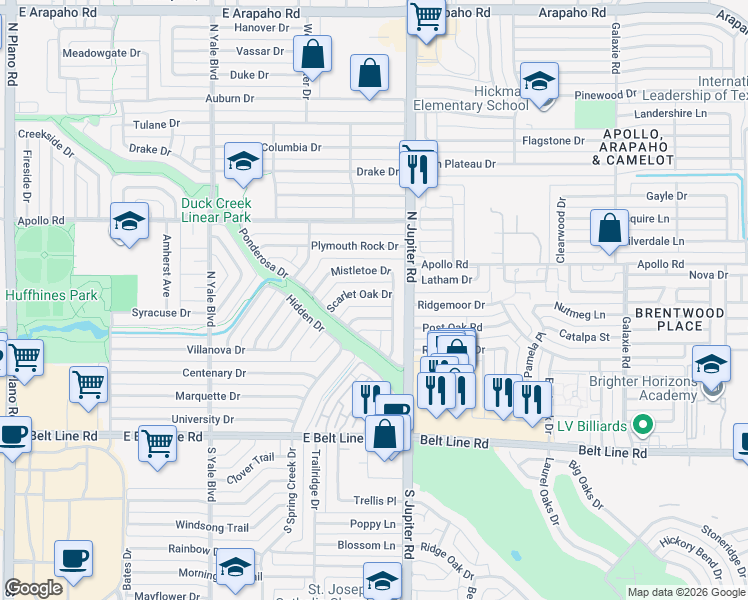 map of restaurants, bars, coffee shops, grocery stores, and more near 2109 Scarlet Oak Drive in Richardson