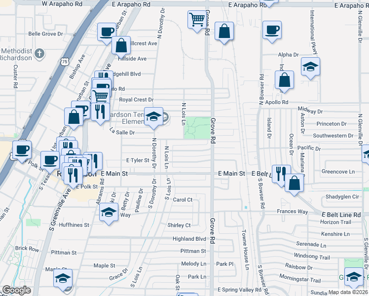 map of restaurants, bars, coffee shops, grocery stores, and more near 522 La Salle Drive in Richardson