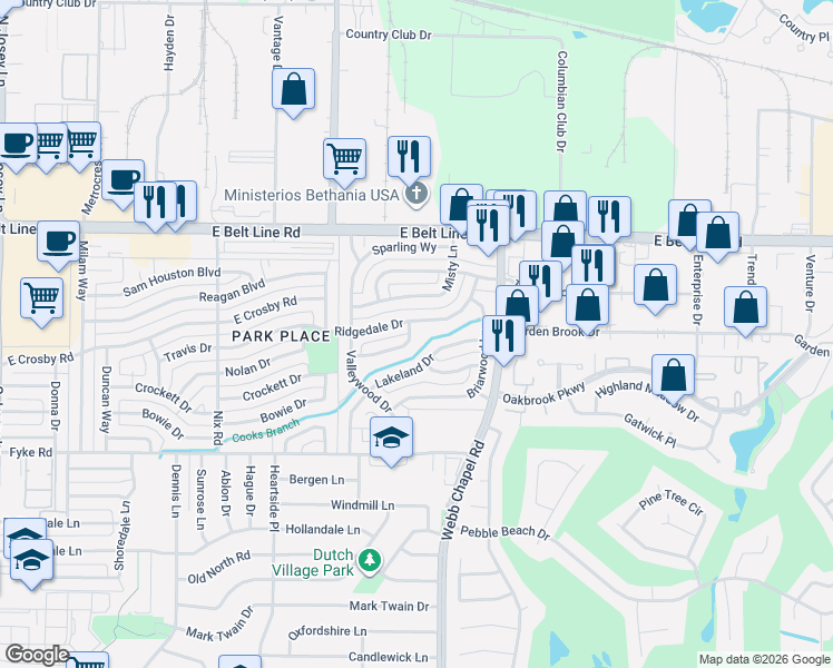map of restaurants, bars, coffee shops, grocery stores, and more near 2316 Ridgedale Drive in Carrollton